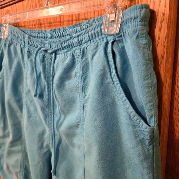 Erika Petite Bright Blue Teal Capri Pants Front Seam Drawstring Waist Women PL - Picture 5 of 13